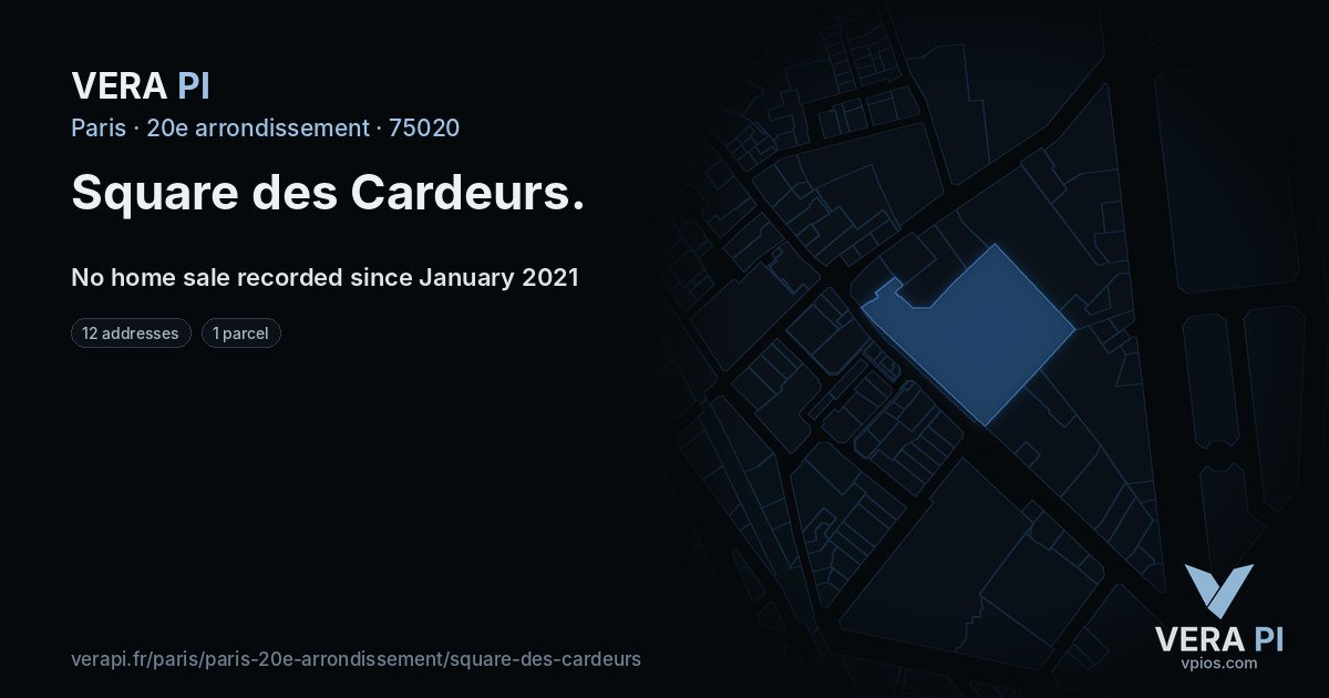 Square des Cardeurs, 20e arrondissement at night – every parcel coloured by the prices around it, the street's own parcels lit