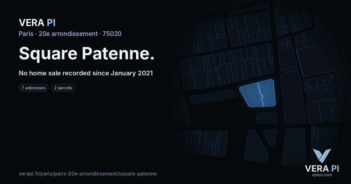 Square Patenne, 20e arrondissement at night – every parcel coloured by the prices around it, the street's own parcels lit