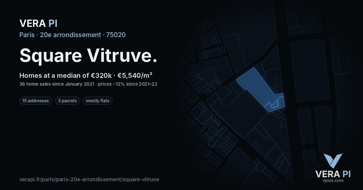 Square Vitruve, 20e arrondissement at night – every parcel coloured by the prices around it, the street's own parcels lit