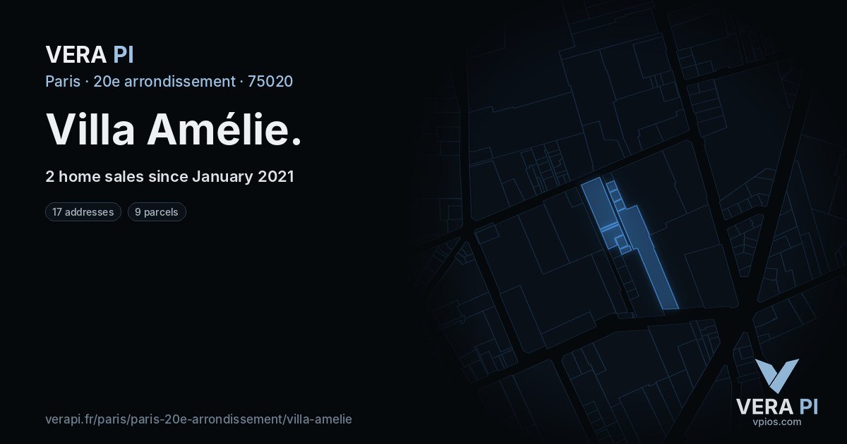 Villa Amélie, 20e arrondissement at night – every parcel coloured by the prices around it, the street's own parcels lit