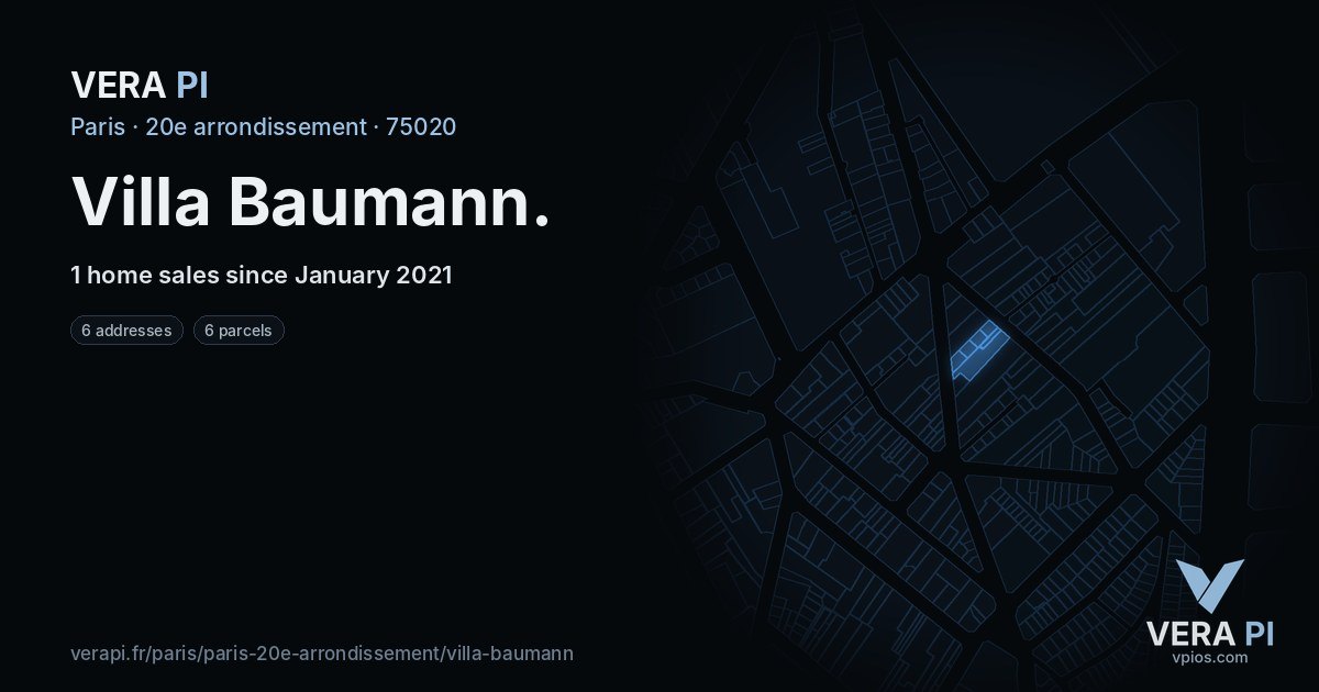 Villa Baumann, 20e arrondissement at night – every parcel coloured by the prices around it, the street's own parcels lit