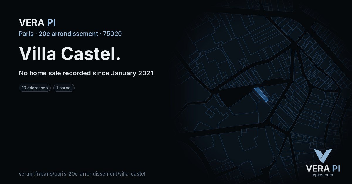Villa Castel, 20e arrondissement at night – every parcel coloured by the prices around it, the street's own parcels lit