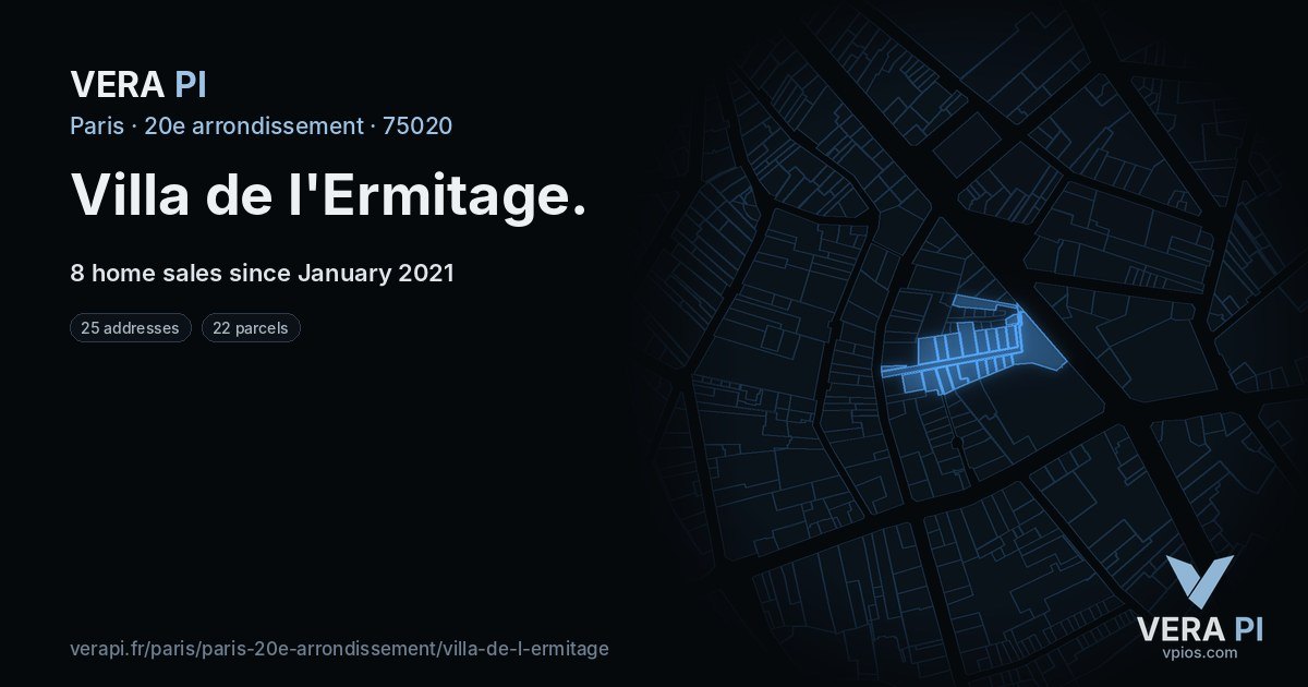 Villa de l'Ermitage, 20e arrondissement at night – every parcel coloured by the prices around it, the street's own parcels lit