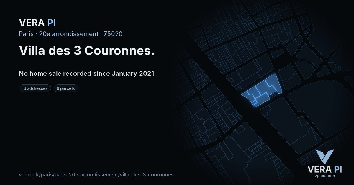 Villa des 3 Couronnes, 20e arrondissement at night – every parcel coloured by the prices around it, the street's own parcels lit