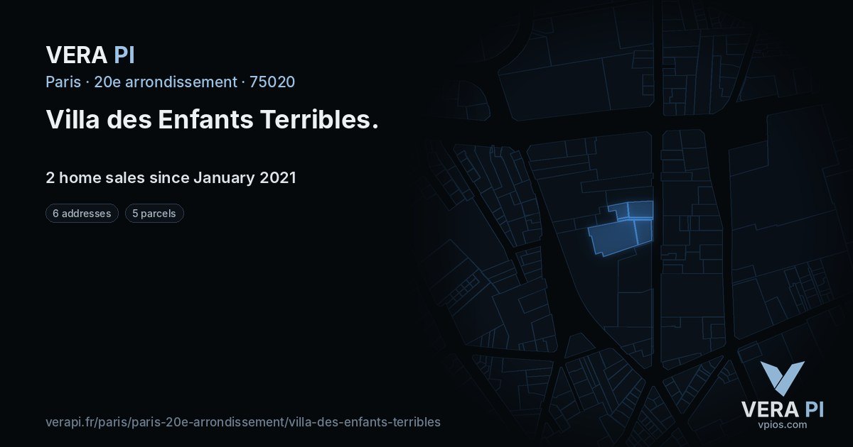 Villa des Enfants Terribles, 20e arrondissement at night – every parcel coloured by the prices around it, the street's own parcels lit