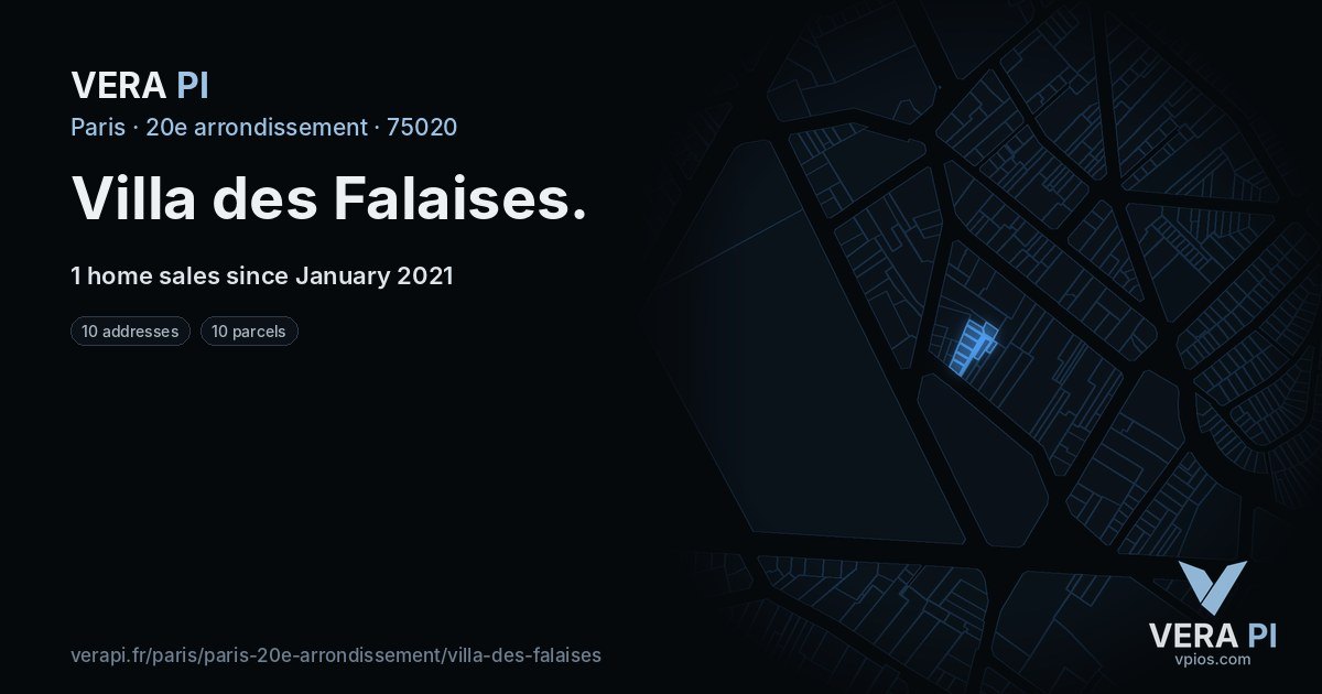 Villa des Falaises, 20e arrondissement at night – every parcel coloured by the prices around it, the street's own parcels lit