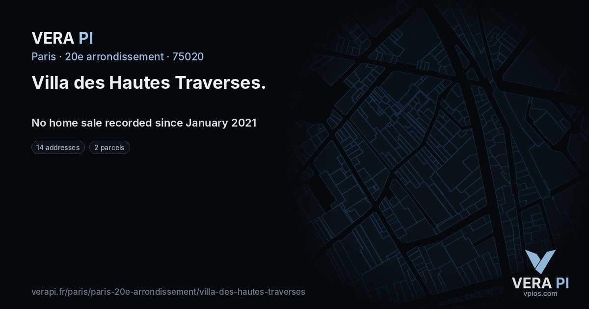 Villa des Hautes Traverses, 20e arrondissement at night – every parcel coloured by the prices around it, the street's own parcels lit