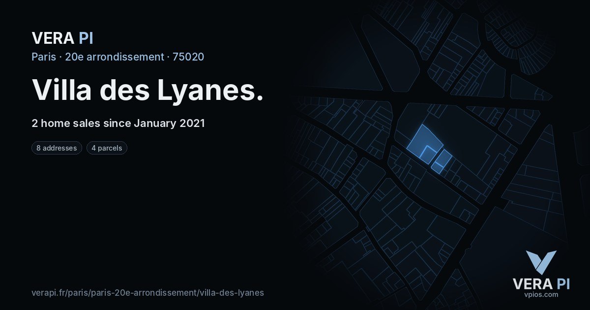 Villa des Lyanes, 20e arrondissement at night – every parcel coloured by the prices around it, the street's own parcels lit