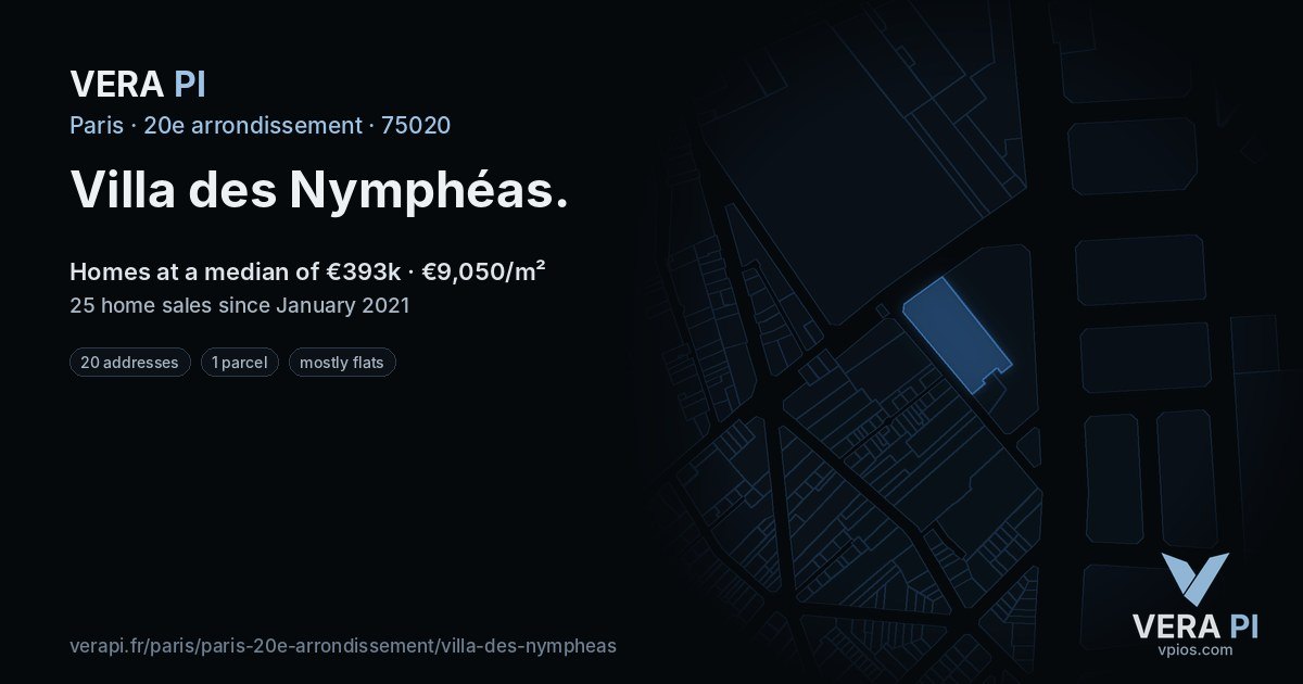 Villa des Nymphéas, 20e arrondissement at night – every parcel coloured by the prices around it, the street's own parcels lit