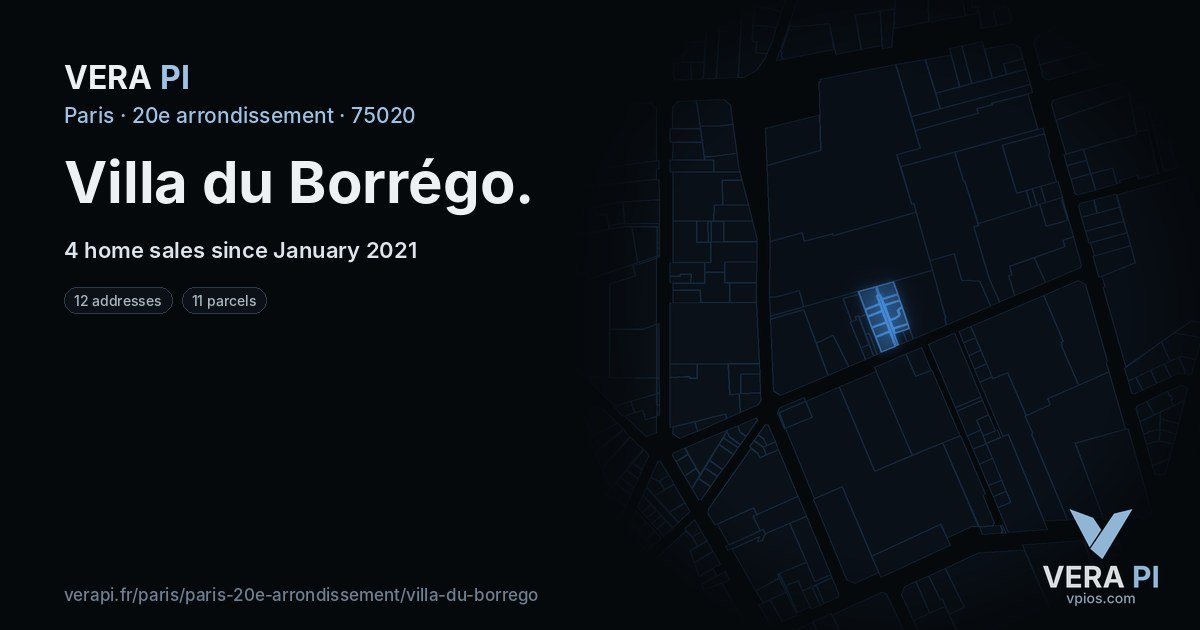 Villa du Borrégo, 20e arrondissement at night – every parcel coloured by the prices around it, the street's own parcels lit