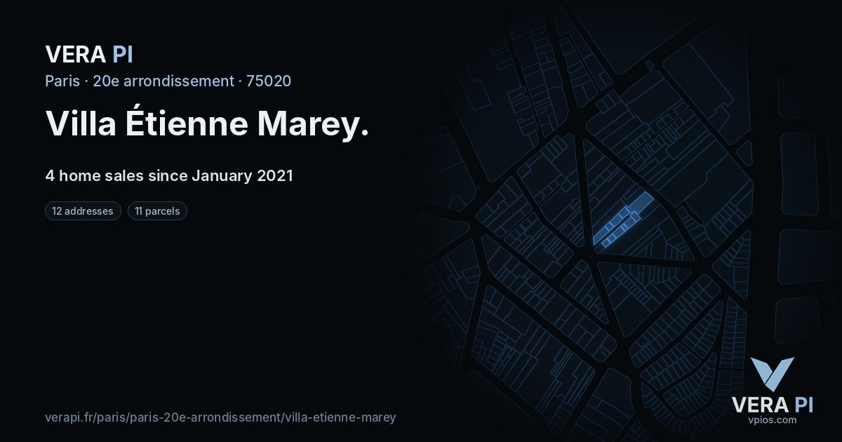 Villa Étienne Marey, 20e arrondissement at night – every parcel coloured by the prices around it, the street's own parcels lit