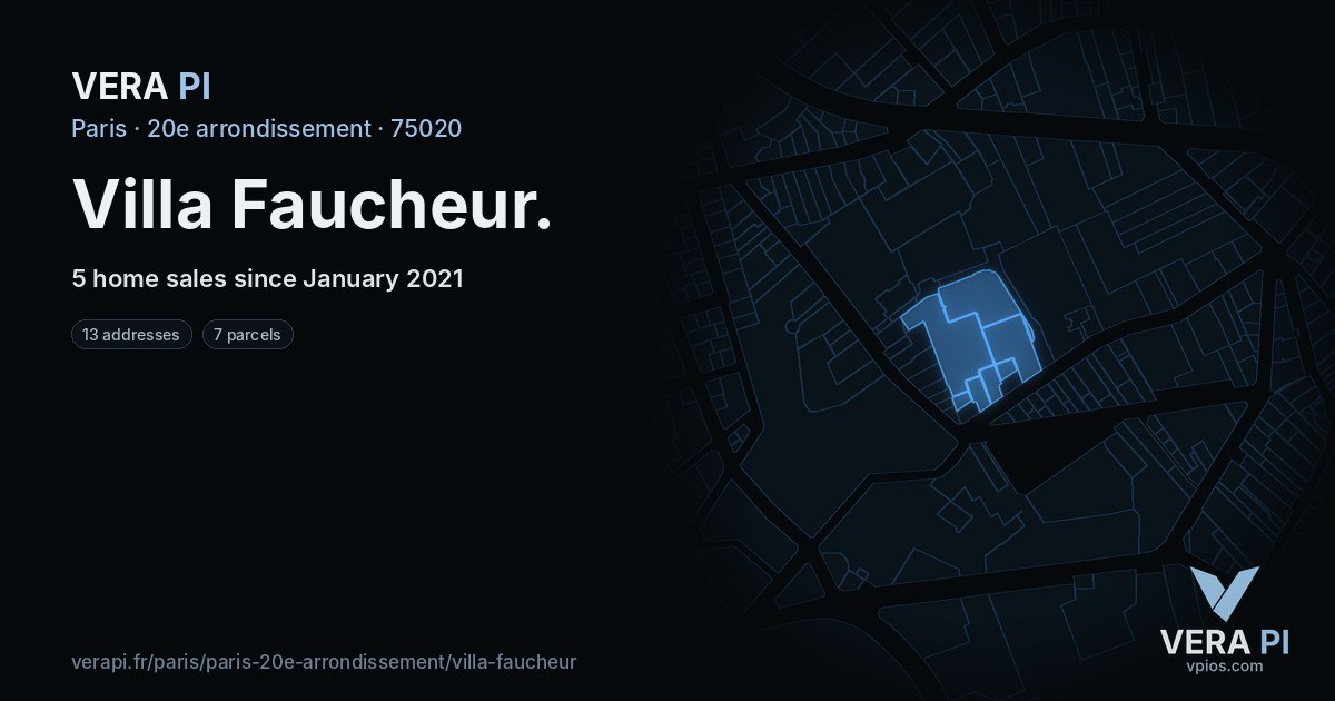 Villa Faucheur, 20e arrondissement at night – every parcel coloured by the prices around it, the street's own parcels lit