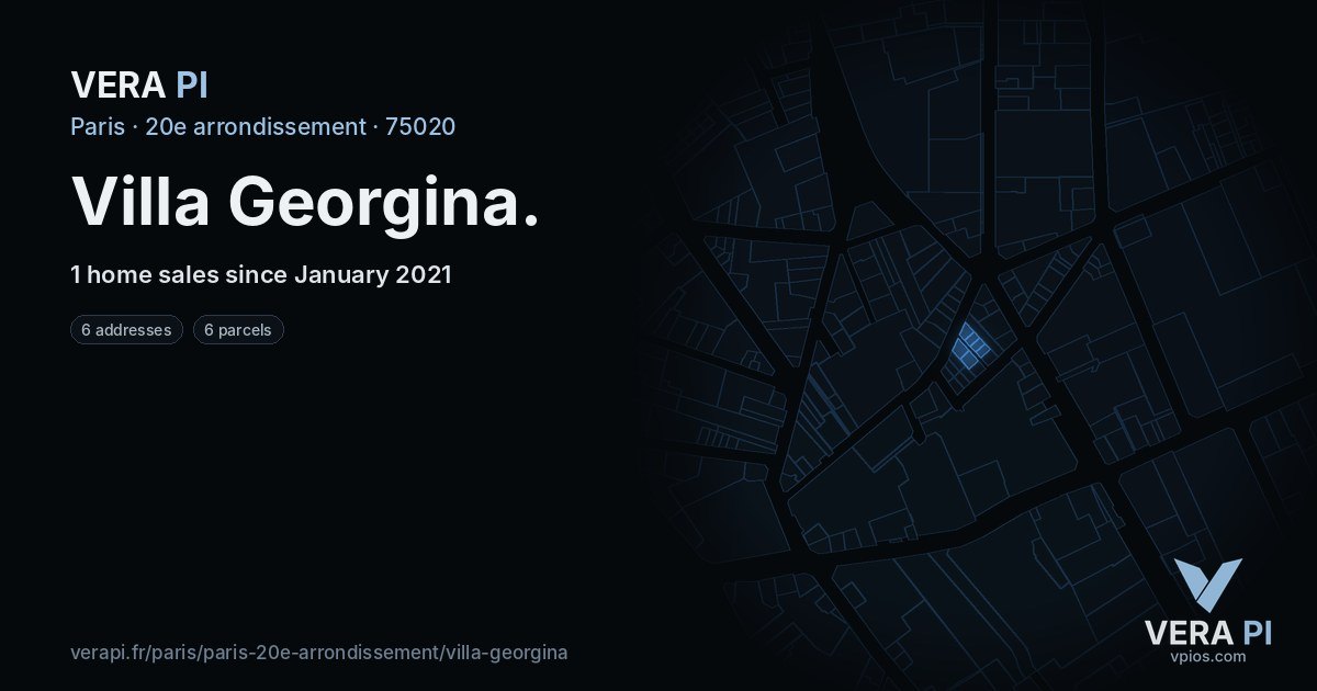 Villa Georgina, 20e arrondissement at night – every parcel coloured by the prices around it, the street's own parcels lit