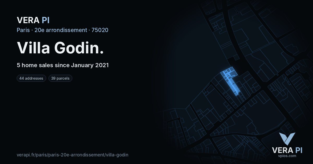 Villa Godin, 20e arrondissement at night – every parcel coloured by the prices around it, the street's own parcels lit