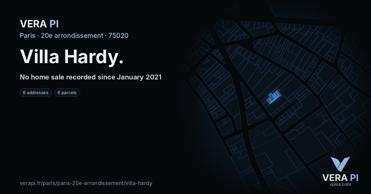 Villa Hardy, 20e arrondissement at night – every parcel coloured by the prices around it, the street's own parcels lit