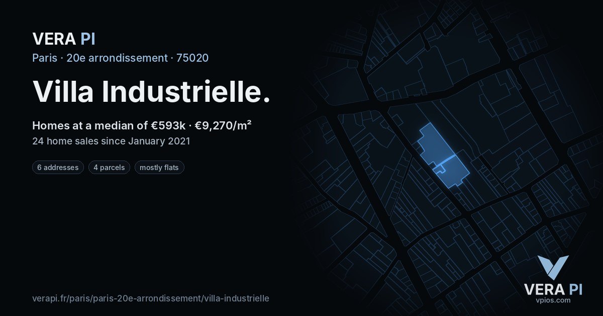 Villa Industrielle, 20e arrondissement at night – every parcel coloured by the prices around it, the street's own parcels lit