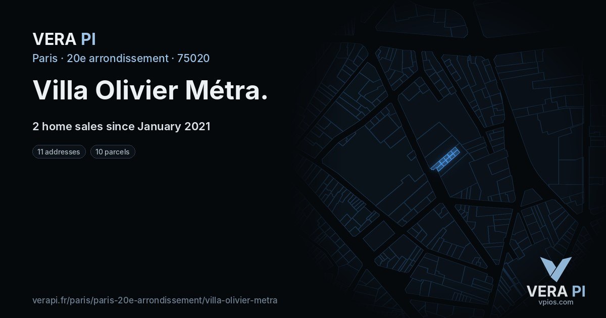 Villa Olivier Métra, 20e arrondissement at night – every parcel coloured by the prices around it, the street's own parcels lit