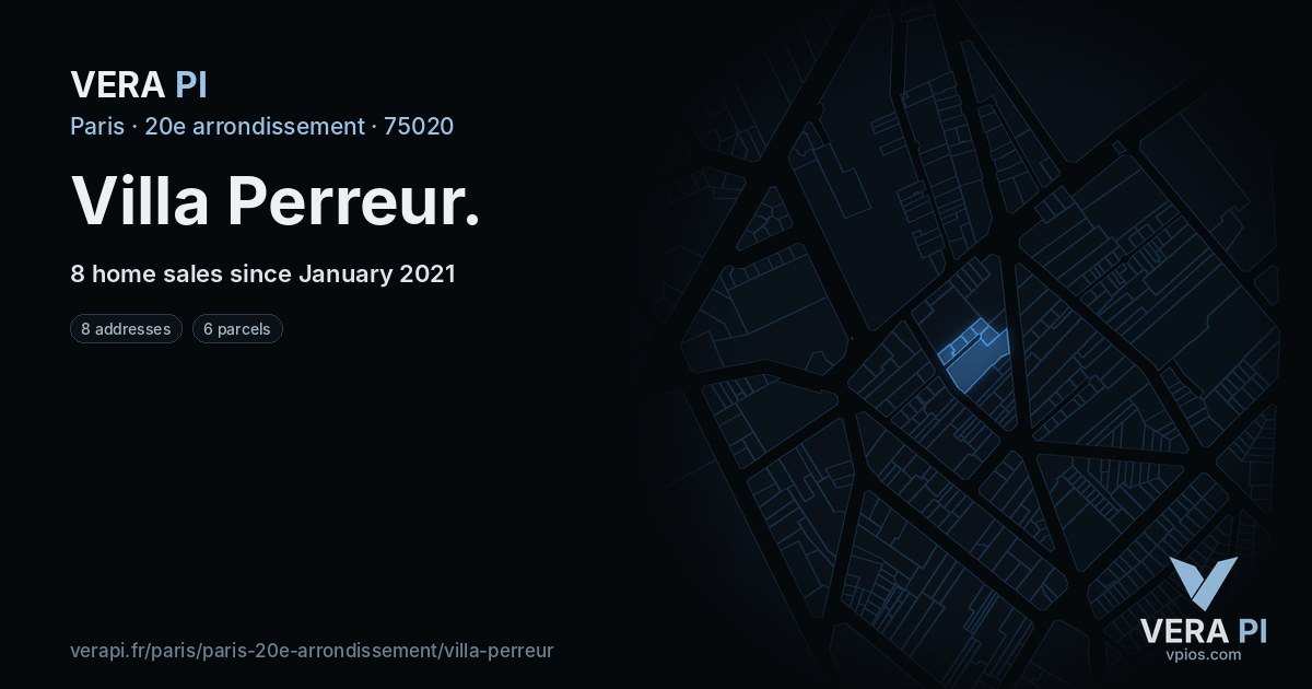 Villa Perreur, 20e arrondissement at night – every parcel coloured by the prices around it, the street's own parcels lit