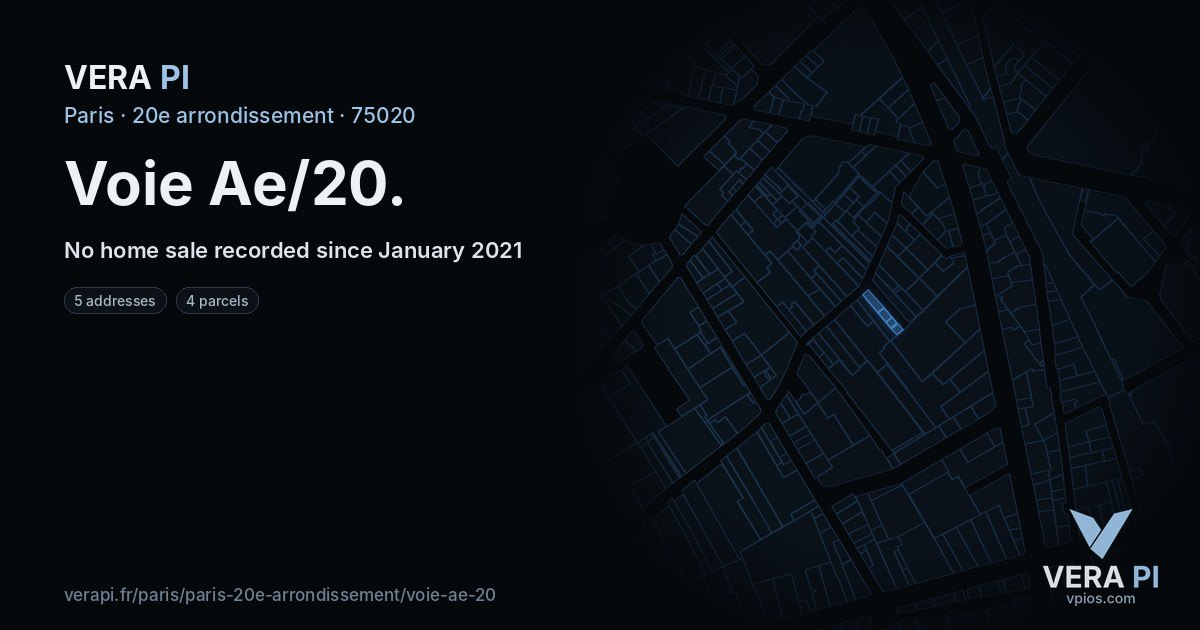 Voie Ae/20, 20e arrondissement at night – every parcel coloured by the prices around it, the street's own parcels lit