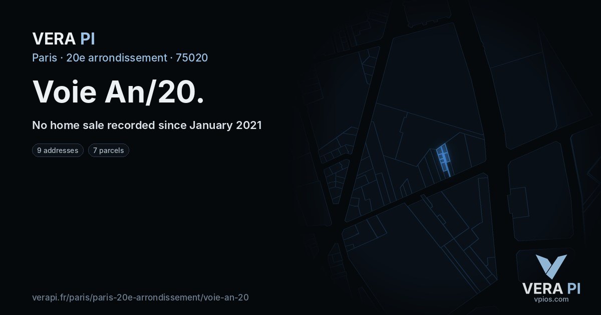Voie An/20, 20e arrondissement at night – every parcel coloured by the prices around it, the street's own parcels lit
