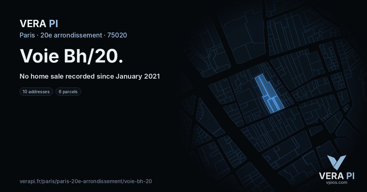 Voie Bh/20, 20e arrondissement at night – every parcel coloured by the prices around it, the street's own parcels lit