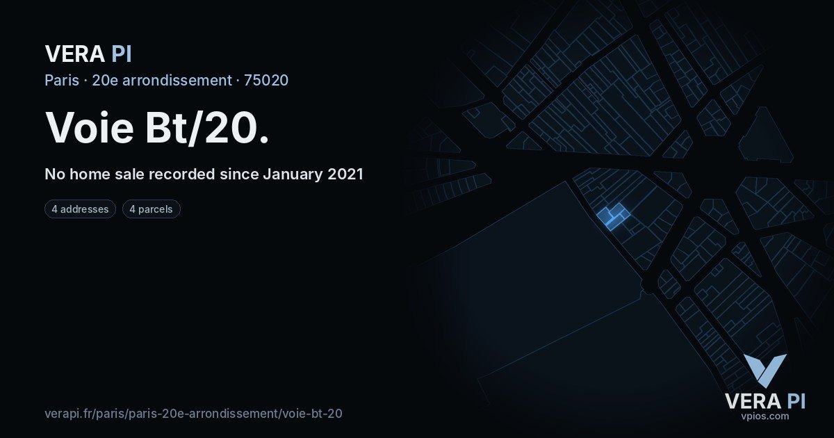 Voie Bt/20, 20e arrondissement at night – every parcel coloured by the prices around it, the street's own parcels lit