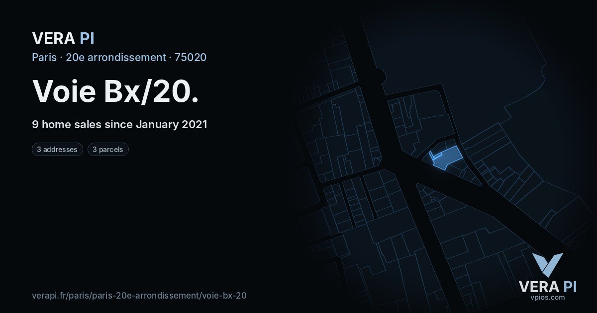 Voie Bx/20, 20e arrondissement at night – every parcel coloured by the prices around it, the street's own parcels lit