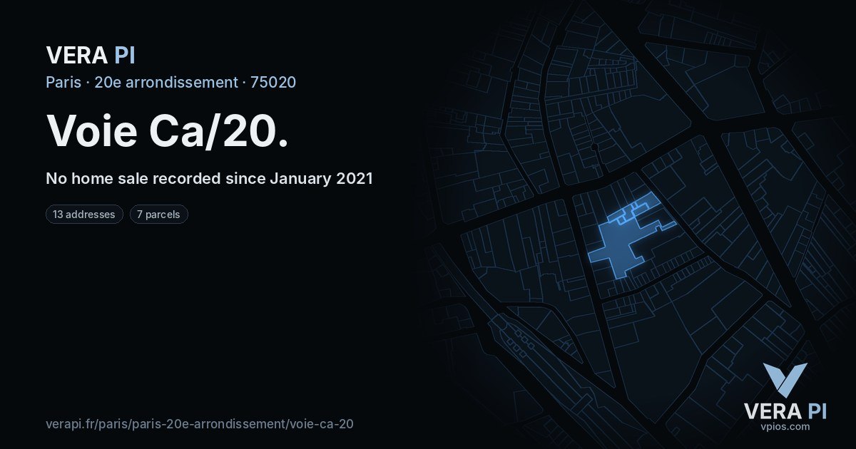 Voie Ca/20, 20e arrondissement at night – every parcel coloured by the prices around it, the street's own parcels lit