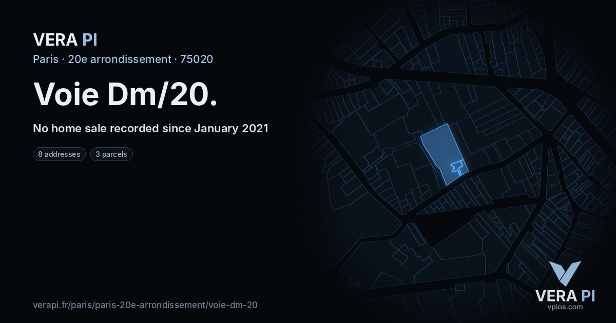 Voie Dm/20, 20e arrondissement at night – every parcel coloured by the prices around it, the street's own parcels lit