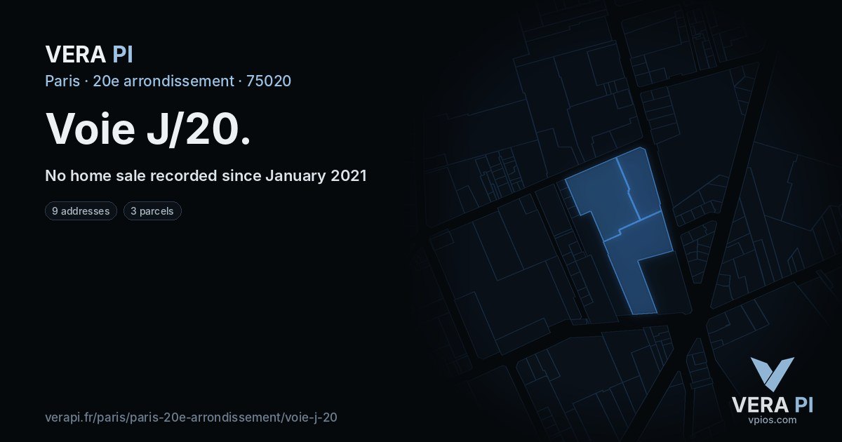 Voie J/20, 20e arrondissement at night – every parcel coloured by the prices around it, the street's own parcels lit
