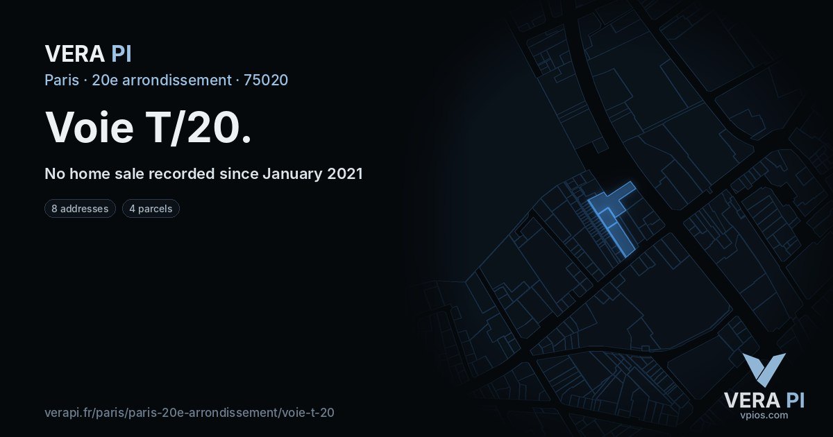 Voie T/20, 20e arrondissement at night – every parcel coloured by the prices around it, the street's own parcels lit