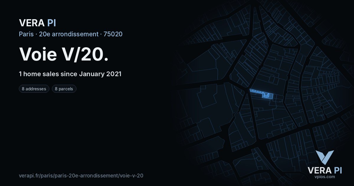Voie V/20, 20e arrondissement at night – every parcel coloured by the prices around it, the street's own parcels lit
