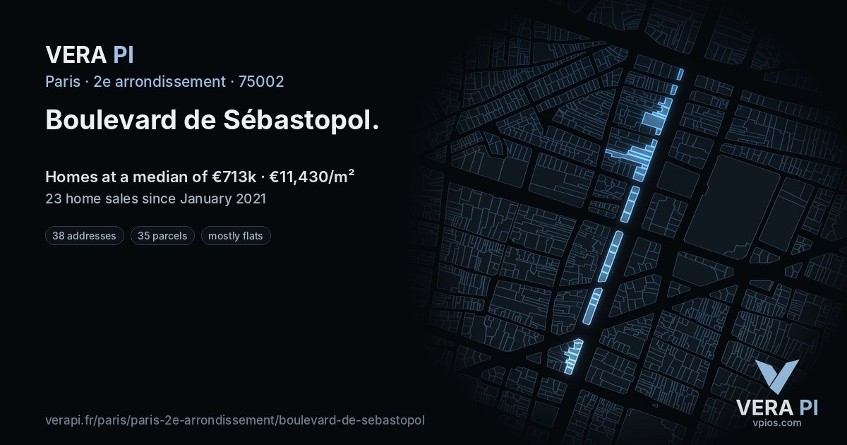 Boulevard de Sébastopol, 2e arrondissement at night – every parcel coloured by the prices around it, the street's own parcels lit