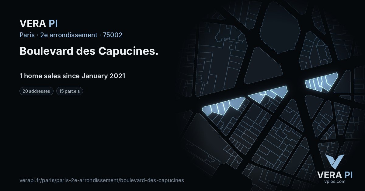 Boulevard des Capucines, 2e arrondissement at night – every parcel coloured by the prices around it, the street's own parcels lit
