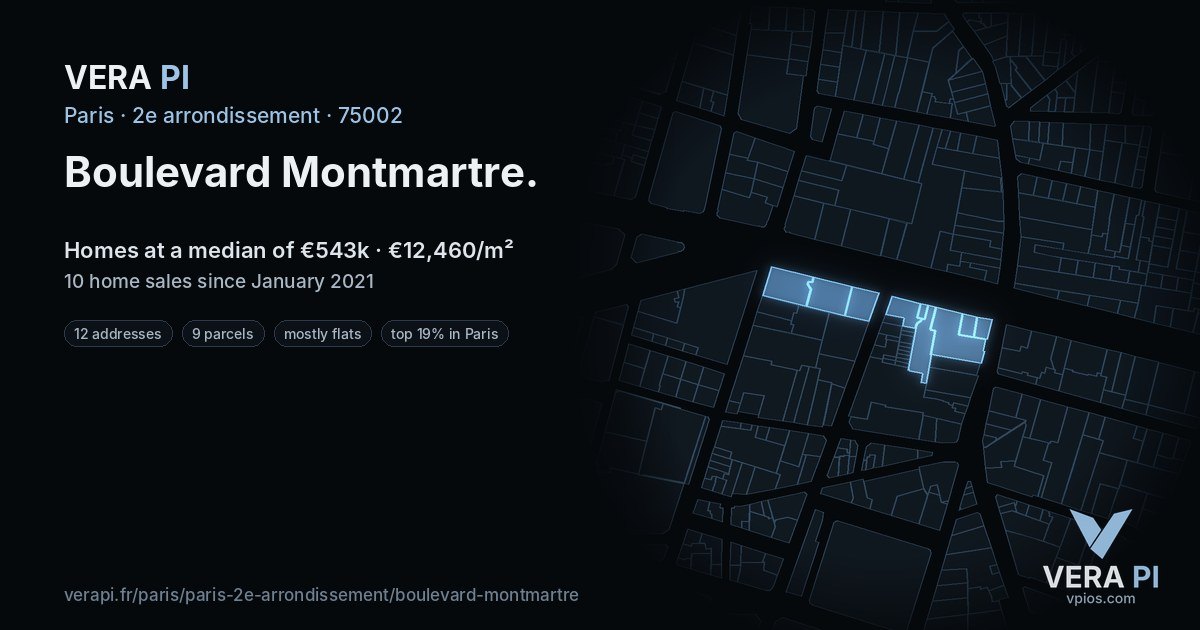 Boulevard Montmartre, 2e arrondissement at night – every parcel coloured by the prices around it, the street's own parcels lit
