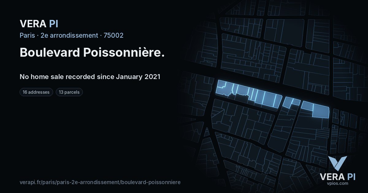 Boulevard Poissonnière, 2e arrondissement at night – every parcel coloured by the prices around it, the street's own parcels lit