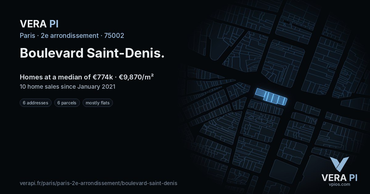 Boulevard Saint-Denis, 2e arrondissement at night – every parcel coloured by the prices around it, the street's own parcels lit