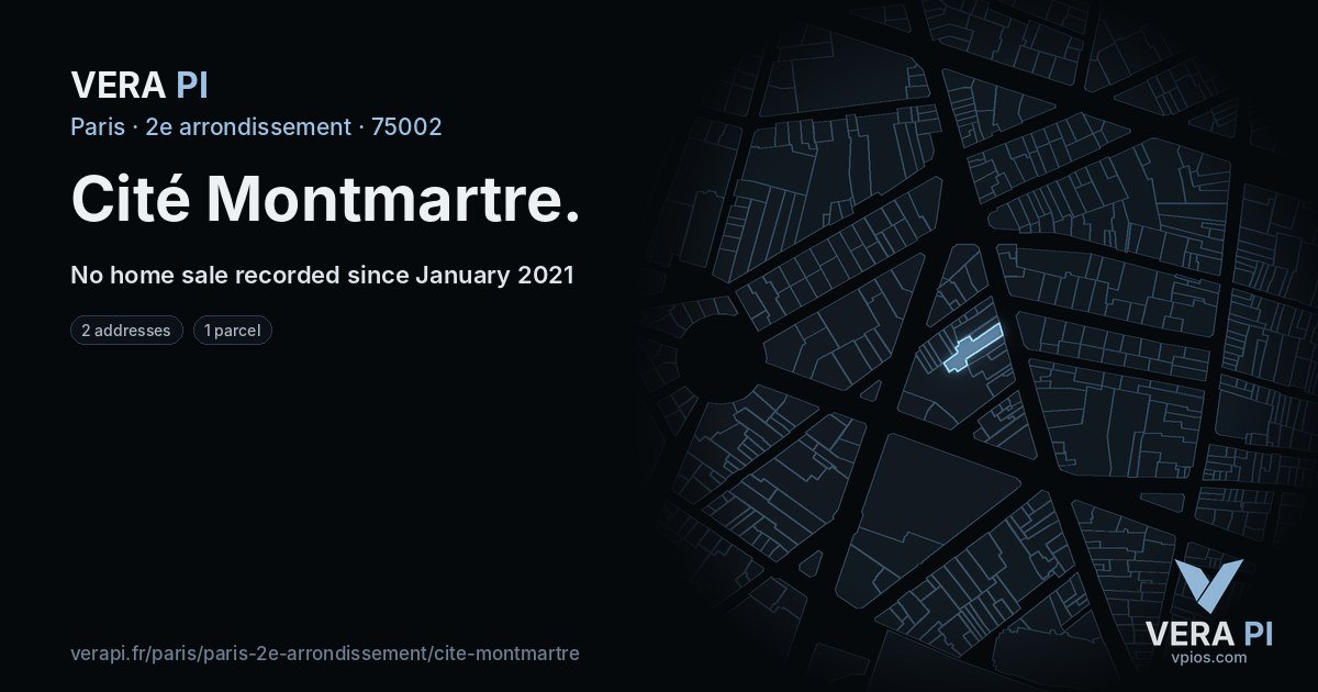 Cité Montmartre, 2e arrondissement at night – every parcel coloured by the prices around it, the street's own parcels lit