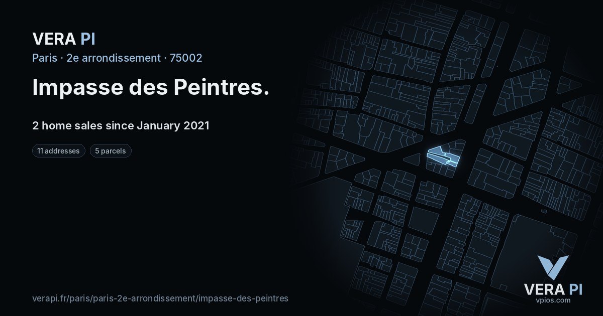 Impasse des Peintres, 2e arrondissement at night – every parcel coloured by the prices around it, the street's own parcels lit