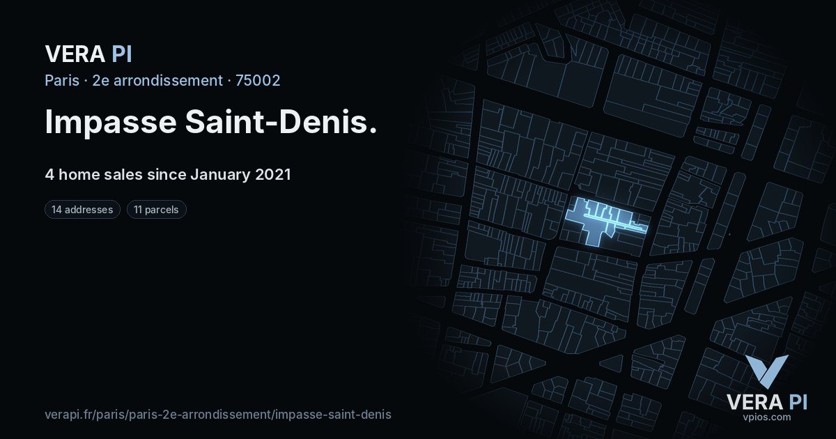 Impasse Saint-Denis, 2e arrondissement at night – every parcel coloured by the prices around it, the street's own parcels lit
