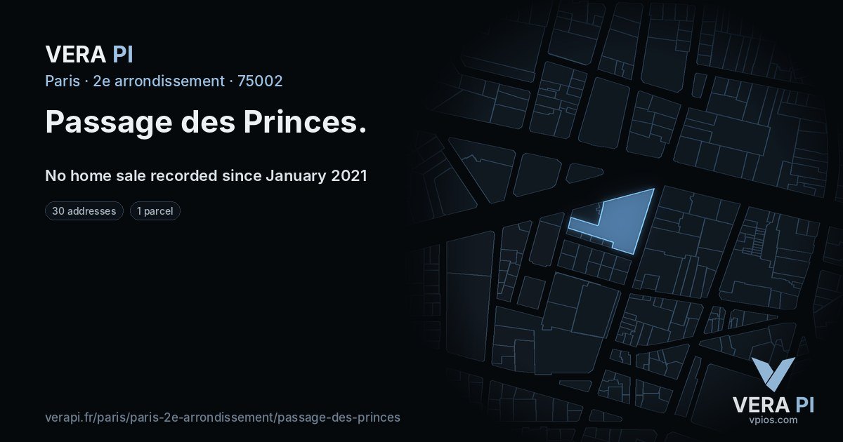 Passage des Princes, 2e arrondissement at night – every parcel coloured by the prices around it, the street's own parcels lit