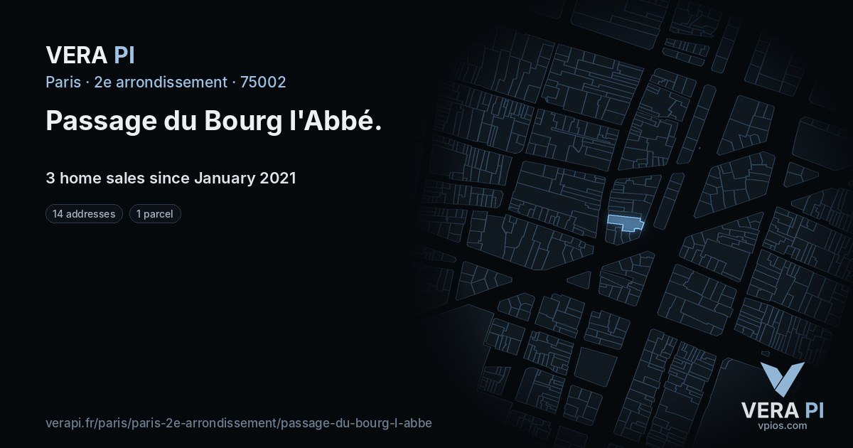 Passage du Bourg l'Abbé, 2e arrondissement at night – every parcel coloured by the prices around it, the street's own parcels lit
