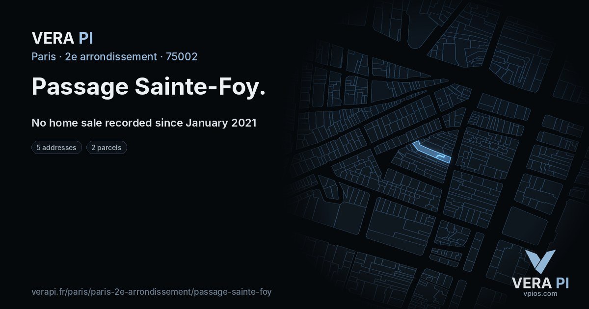 Passage Sainte-Foy, 2e arrondissement at night – every parcel coloured by the prices around it, the street's own parcels lit