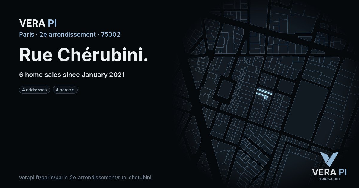 Rue Chérubini, 2e arrondissement at night – every parcel coloured by the prices around it, the street's own parcels lit