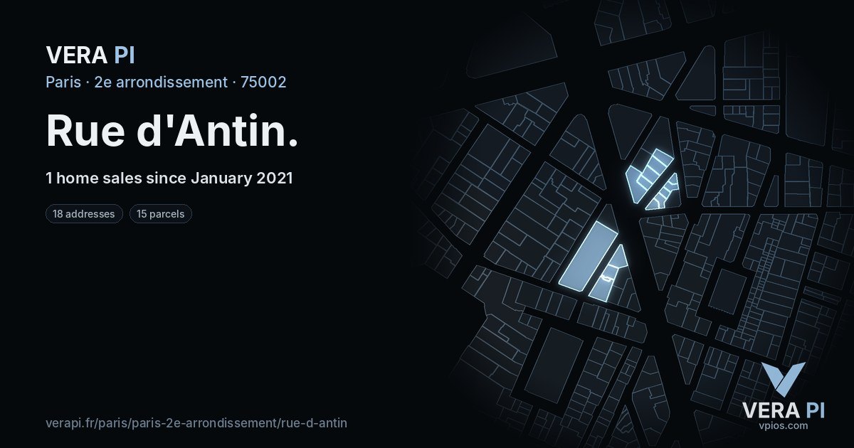 Rue d'Antin, 2e arrondissement at night – every parcel coloured by the prices around it, the street's own parcels lit