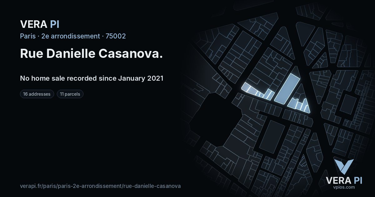 Rue Danielle Casanova, 2e arrondissement at night – every parcel coloured by the prices around it, the street's own parcels lit