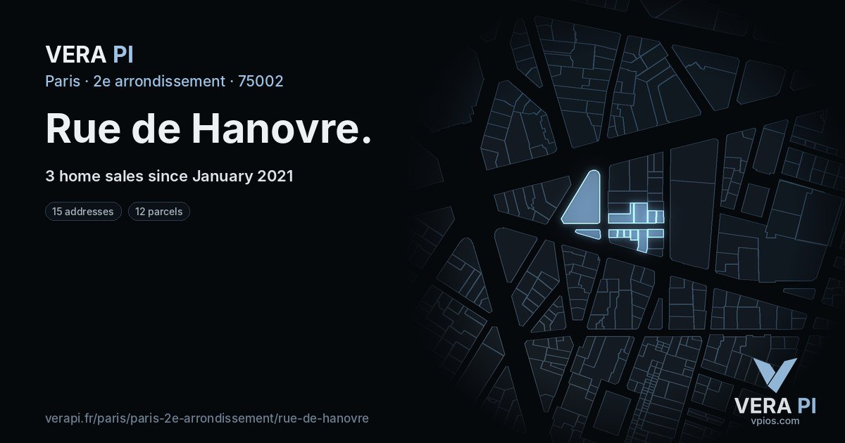 Rue de Hanovre, 2e arrondissement at night – every parcel coloured by the prices around it, the street's own parcels lit