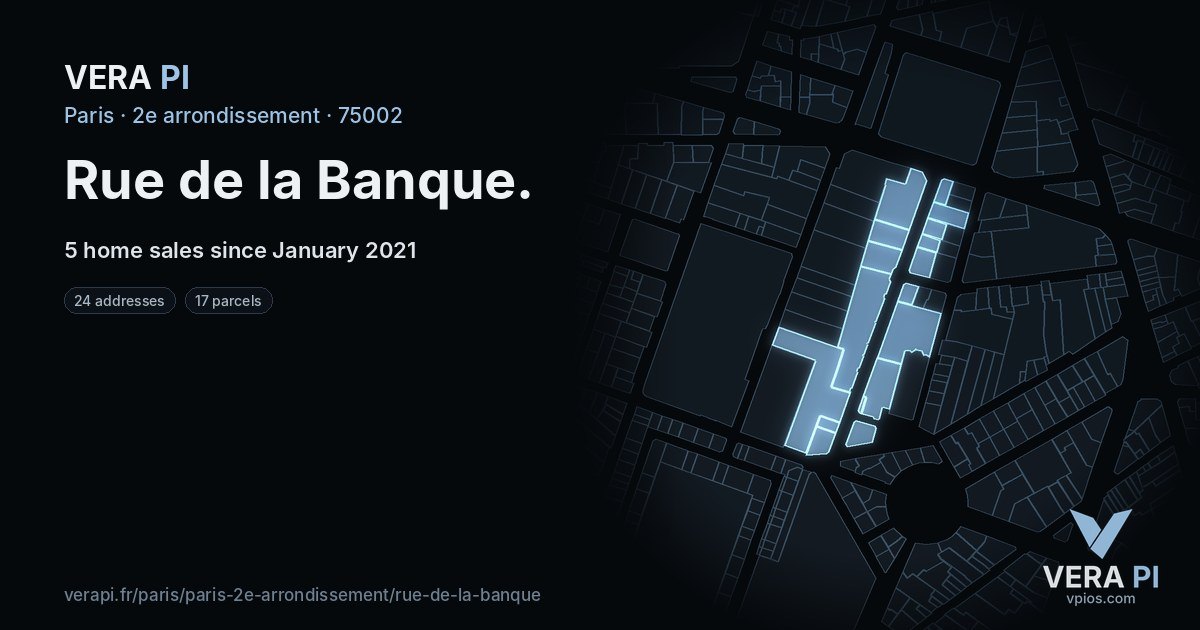 Rue de la Banque, 2e arrondissement at night – every parcel coloured by the prices around it, the street's own parcels lit