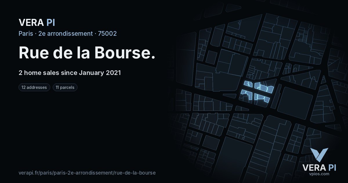 Rue de la Bourse, 2e arrondissement at night – every parcel coloured by the prices around it, the street's own parcels lit