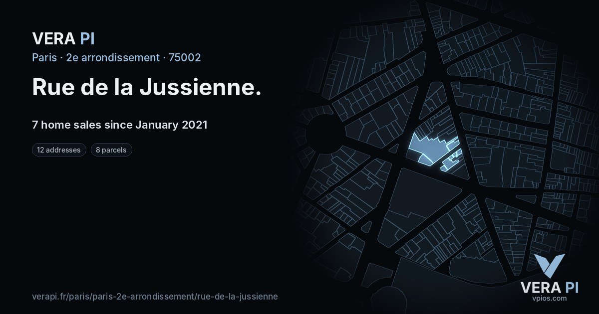 Rue de la Jussienne, 2e arrondissement at night – every parcel coloured by the prices around it, the street's own parcels lit